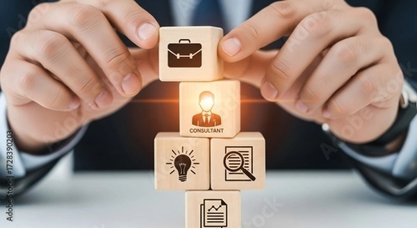 Fototapeta Conceptual image for social consulting services. Man's hands stacking square wooden blocks. 