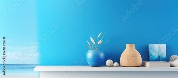Fototapeta a minimalist still life scene, white shelf against a blue wall, vase with branches, spherical ceramic objects, natural lighting, simple composition, calming and serene atmosphere
