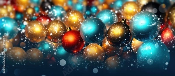Fototapeta colorful christmas ornaments, bokeh background, holiday decor, shiny reflections, golden sparkles, twinkling lights, festive celebration, abstract composition, depth of field, vivid colors
