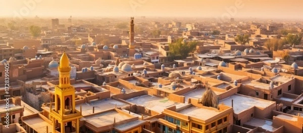 Fototapeta an ancient city skyline with a magnificent golden domed cathedral, medieval architecture, winding streets, and a hazy atmospheric lighting, detaitrending on artstation, cinematic, highly detailed, 8k
