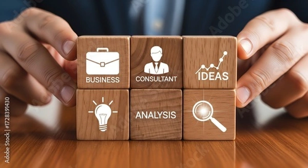Fototapeta Conceptual image for social consulting services. Man's hands stacking square wooden blocks. 