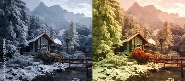 Fototapeta a snowy winter landscape with a cozy log cabin, a rushing stream, and snow-capped mountains in the background, a lush summer landscape with a log cabin, a rushing stream, and green mountains in the ba