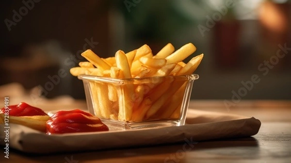 Fototapeta a bowl of golden french fries on a wooden surface, delicious crispy fries with ketchup, savory fried potato wedges, close-up shot of fast food snack, tempting junk food photography, rustic wooden tabl