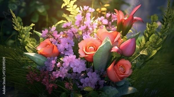 Fototapeta lush floral bouquet, vibrant colors, blooming roses, delicate petals, intricate arrangements, natural lighting, soft focus, artistic composition, dreamlike atmosphere, digital painting style, highly d