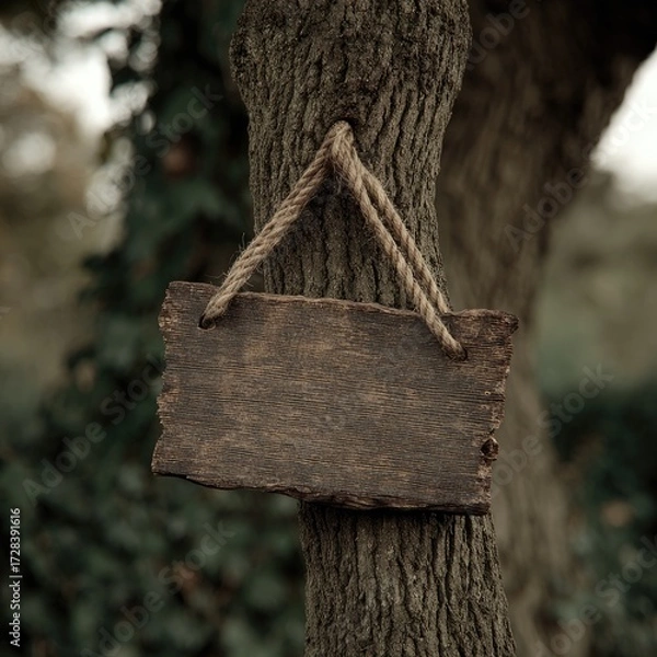 Obraz A weathered wooden sign hangs from a tree trunk, its aged surface displaying a muted brown tone, against a soft-focus background of foliage.