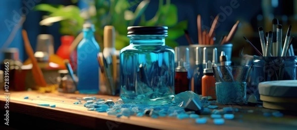 Fototapeta glass jars, colorful containers, art supplies, paintbrushes, creativity, studio setting, artistic atmosphere, vibrant colors, textured background, still life composition, rustic wooden surface, natura