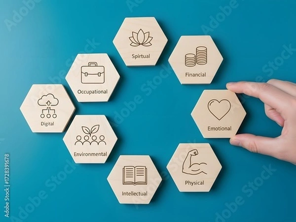 Fototapeta Flat lay photo of a business management system concept. Wooden blocks arranged in a honeycomb pattern on a table.