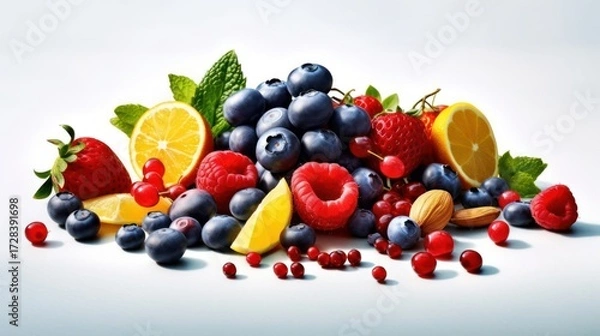 Fototapeta a large assortment of various fresh and vibrant fruits, including strawberries, blueberries, raspberries, blackberries, grapes, lemons, limes, and oranges, arranged in a natural, cascading display aga