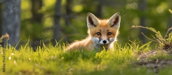 Fototapeta a closeup shot of a red fox peeking out from behind tall grass in a lush, green forest, soft focus, warm lighting, highly detailed, hyper-realistic, cinematic composition, award-winning nature photogr