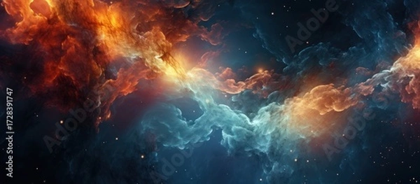 Fototapeta detailed, intricate, cinematic space scene, swirling cosmic clouds, glowing nebulae, sparkling stars, dramatic lighting, vibrant colors, high contrast, depth, photorealistic, epic scale, volumetric ef