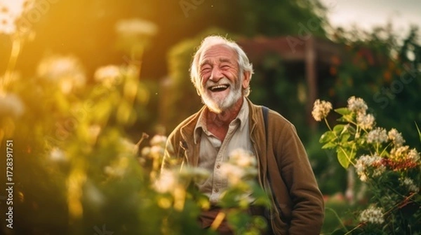 Fototapeta realistic elderly man with long grey beard, warm smile, smiling in garden with flowers, soft lighting, cinematic, detailed, high resolution

