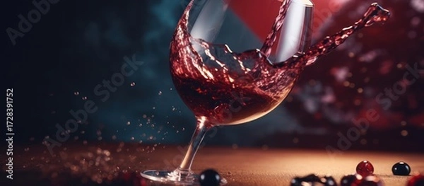 Fototapeta a glass of red wine, close-up, glass with wine being poured, swirling, splashing, backlit, dark moody lighting, grapes, dramatic, cinematic, high contrast, intricate details
