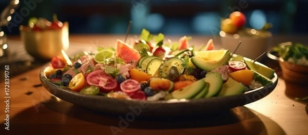 Fototapeta fruit salad bowl, wooden table, holiday decor, festive lighting, natural composition, fresh produce, colorful arrangement, appetizing display, rustic setting, cozy atmosphere
