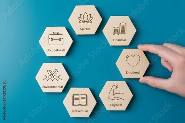Fototapeta Flat lay photo of a business management system concept. Wooden blocks arranged in a honeycomb pattern on a table.