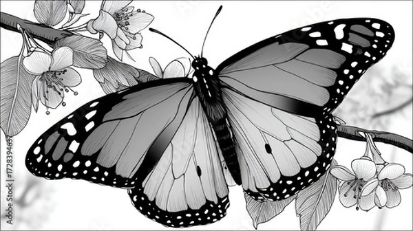 Fototapeta Intricate butterfly resting on blooming branch invites creativity and tranquility in a delightful coloring experience, coloring page, coloring book
