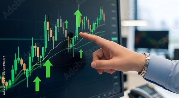 Fototapeta Stock market analysis with chart and hand pointing up