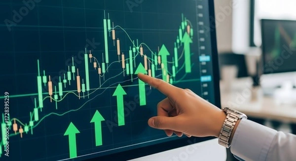 Fototapeta Stock market analysis with chart and hand pointing up