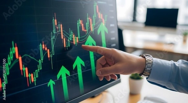 Fototapeta Stock market analysis with chart and hand pointing up