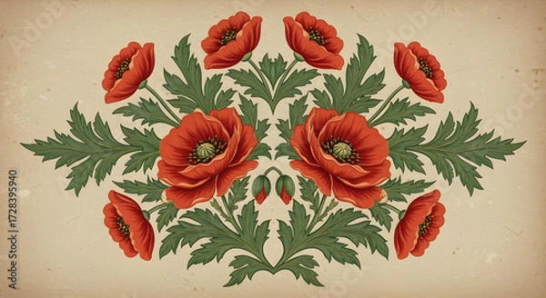 Fototapeta Rustic Floral Wallpaper Pattern - Vintage Red Flower Motif on Aged Paper

