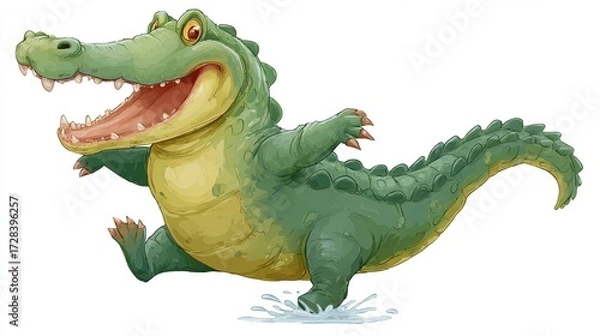 Fototapeta Cartoon alligator with wide grin, open mouth, running forward, excited and animated, on a white background