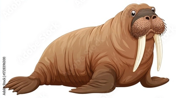 Fototapeta A brown cartoon walrus with large tusks, whiskers, and flippers is shown lying down