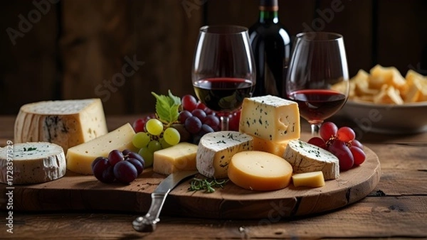 Fototapeta Red wine glasses with cheese and grapes