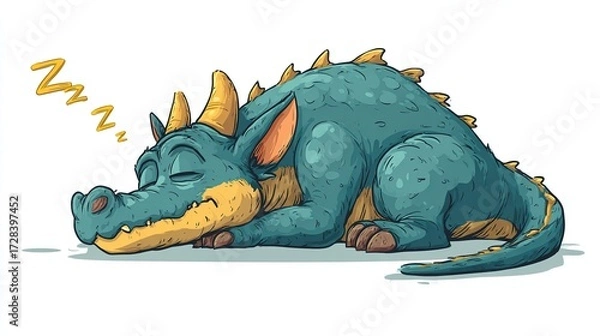 Obraz A teal and gold cartoon dragon naps peacefully on a white background, Zzz's above its head indicating sleep.  Its body is plump, and its expression is serene