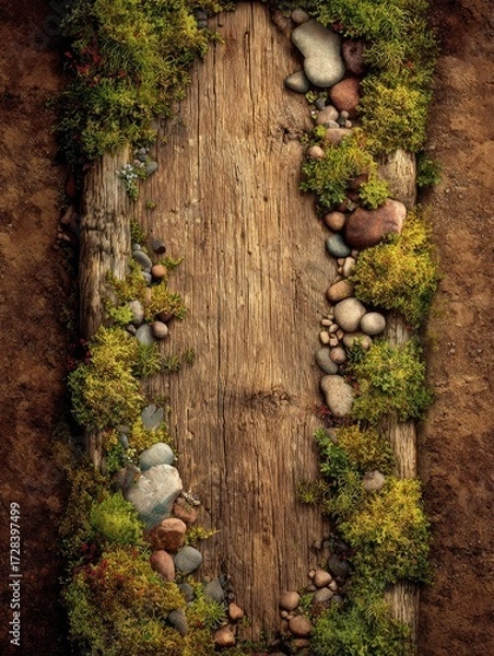 Obraz A rustic wooden plank, edged with vibrant moss and colorful stones, sits atop a bed of earthy brown soil.