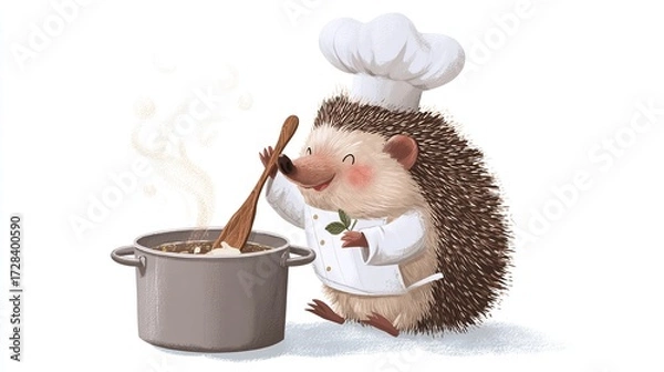 Obraz Animated hedgehog chef stirs a pot, steam rising, wearing a toque and chef's whites, joyful expression