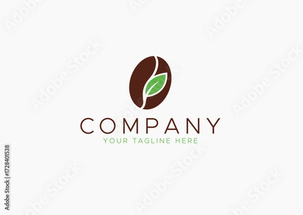 Obraz Simple Coffee Bean Logo with Green Leaf, Represents Organic Coffee, Fresh Roasters, Cafeteria, Eco-Friendly Cafe