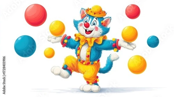 Obraz Cartoon cat clown juggling colorful balls