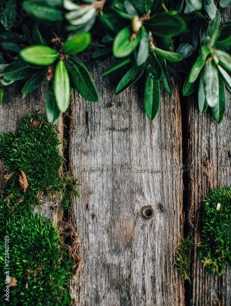 Obraz Lush green foliage and vibrant moss frame a weathered wooden plank surface.