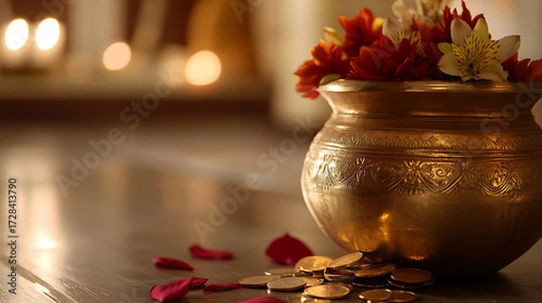 Obraz A Brass pot filled with flowers and scattered coins. The warm glow of candles in the background creates a serene and inviting ambiance.