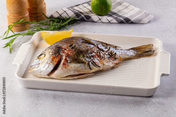 Fototapeta Baked dorada fish with spices