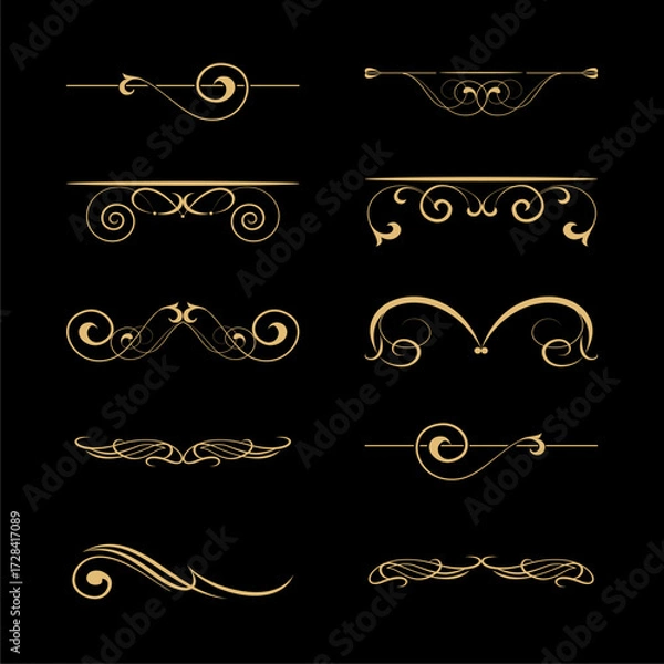 Fototapeta collection of golden decorative ornamental design elements and flourishes on black background