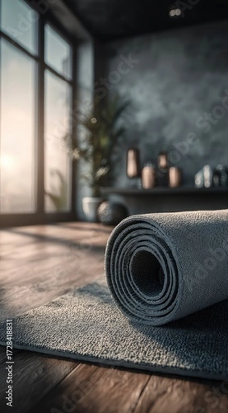 Obraz A rolled yoga mat rests on a textured floor in a modern, sunlit interior space.