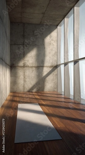 Obraz A minimalist yoga , featuring a light gray mat on a warm-toned wooden floor, bathed in natural light.