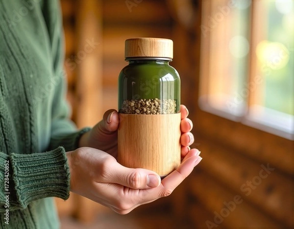 Fototapeta A woman with long brown hair smiles as she holds up an empty glass jar of organic food, showcasing its label while standing in a bright kitchen.