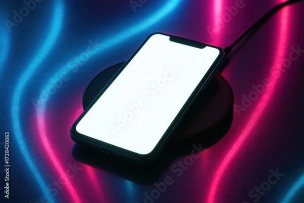 Fototapeta Smartphone charging on wireless pad with vibrant neon lights in a modern setting