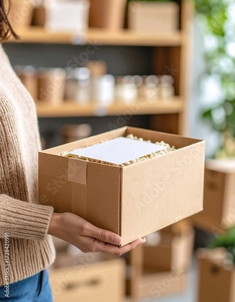 Fototapeta A woman with a joyful expression holds an open box filled with colorful, delicious food, showcasing a variety of dishes and vibrant ingredients.
