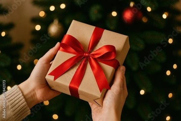Fototapeta Gift-wrapped present held in hands with decorative bow in front of Christmas tree with lights and ornaments