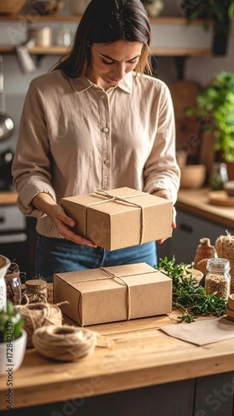Fototapeta A woman stands in a bright, modern kitchen, surrounded by colorful boxes of food, organizing groceries on the counter with a cheerful smile.