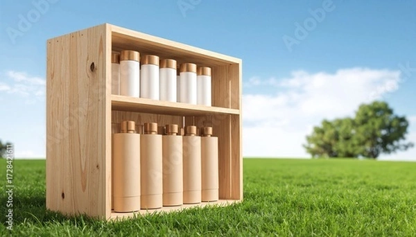 Fototapeta A rustic wooden box opens to reveal an array of elegant perfume bottles, each uniquely shaped and adorned with intricate labels, showcasing vibrant colors.