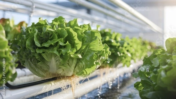 Fototapeta Hydroponic lettuce heads cultivated in a controlled environment.
