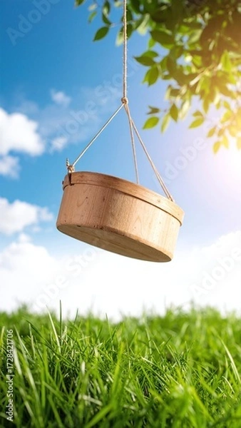 Fototapeta A rustic wooden bucket, weathered and aged, hangs from a sturdy branch of a lush green tree, swaying gently in the soft breeze under a clear blue sky.
