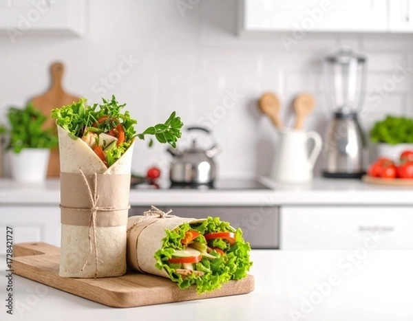 Fototapeta A rustic wooden cutting board with a smooth, polished surface, featuring natural grain patterns and a slightly worn edge, ideal for food preparation.