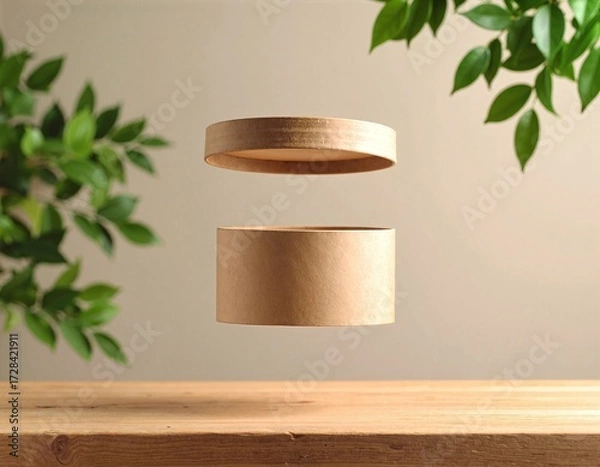 Fototapeta A beautifully crafted wooden object, featuring intricate carvings and a smooth finish, rests elegantly on a rustic wooden table, casting soft shadows.