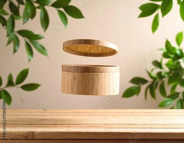 Fototapeta A beautifully crafted wooden ring rests elegantly on a rustic wooden table, showcasing its smooth texture and natural grain patterns, illuminated by soft light.