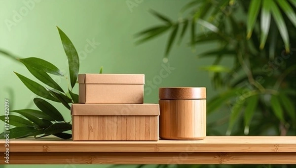 Fototapeta A rustic wooden shelf adorned with various decorative boxes in earthy tones, complemented by vibrant green potted plants, creating a cozy, inviting atmosphere.