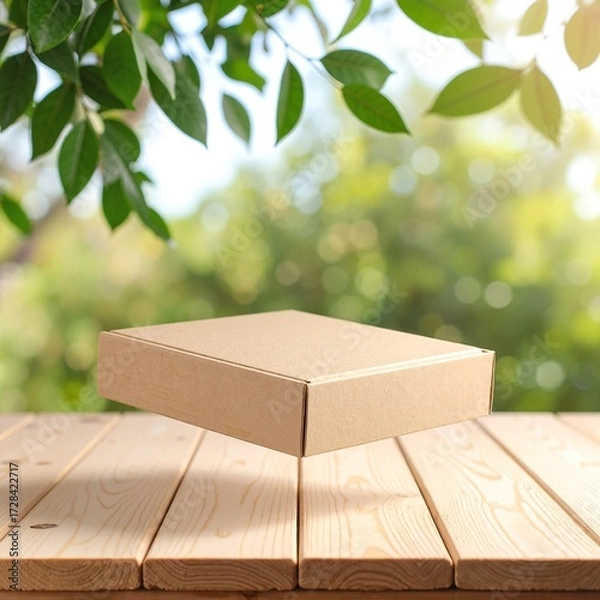 Fototapeta A rustic wooden table, featuring a rich grain texture, is adorned with several neatly stacked cardboard boxes of varying sizes, creating an organized yet casual atmosphere.
